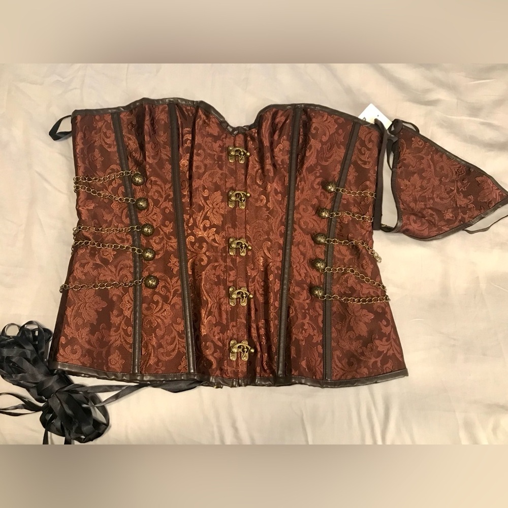 Elegant Brown Corset with Chain Detailing, hook latches, lacing, and panty.